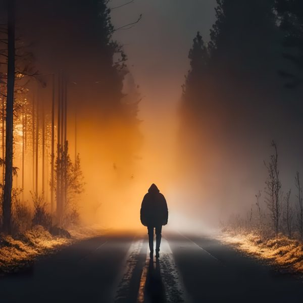 A man walks along a road in a forest in fog with orange lighting, view from the back, generative Al.