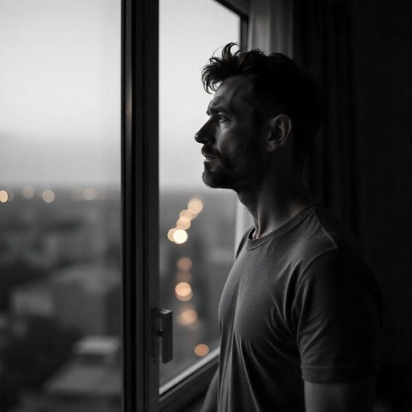 Person staring out of window at night — symbol of mental obsession after emotional abandonment