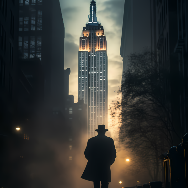 Silhouette of a person walking tall through a city street at night
