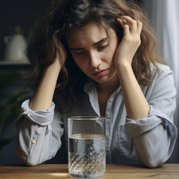 female with headache at home, person in their early twenties who is experiencing a hangover after a night of excessive drinking in his bedroom in the morning, in the style of translucent water, reductionist form --ar 76:51 --style raw --v 5.2 Job ID: 3bb5975e-a23f-408c-a243-48e6da5dcf53